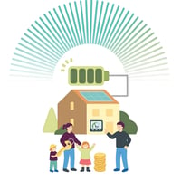 Illustration of a family standing in front of house with a battery