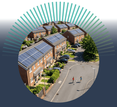 Houses with solar panels on their roofs in a residential area