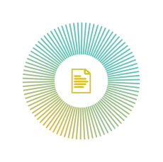 Icon of a document with lines of text, set within a teal and yellow-green sunburst circle, on a dark navy background.