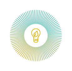 Icon of a light bulb with a leaf symbol inside, set within a teal and yellow-green sunburst circle, on a dark navy background.