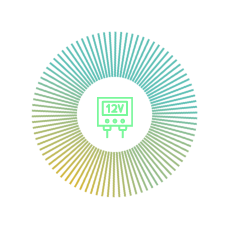 Icon of an electrical meter displaying '12V', set within a teal and yellow-green sunburst circle, on a dark navy background.