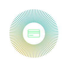 Icon of a credit or payment card, set within a teal and yellow-green sunburst circle, on a dark navy background.