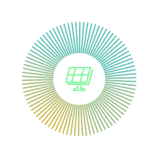 Icon of a solar panel on a stand, set within a teal and yellow-green sunburst circle, on a dark navy background.
