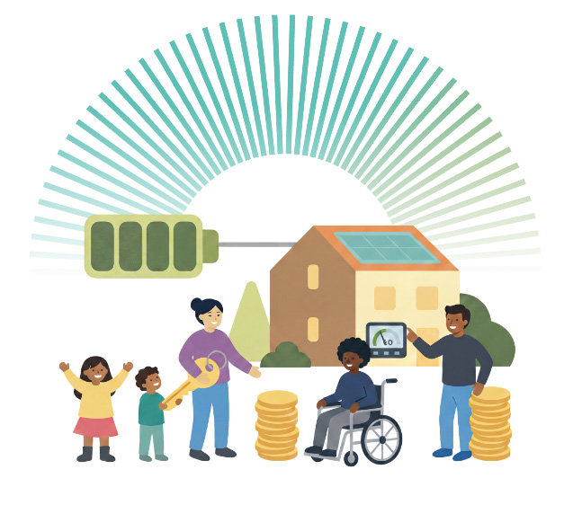Graphic showing family outside their house with a battery being charged on their solar panels via the sun. Graphic showing family outside their house with a battery being charged on their solar panels via the sun.