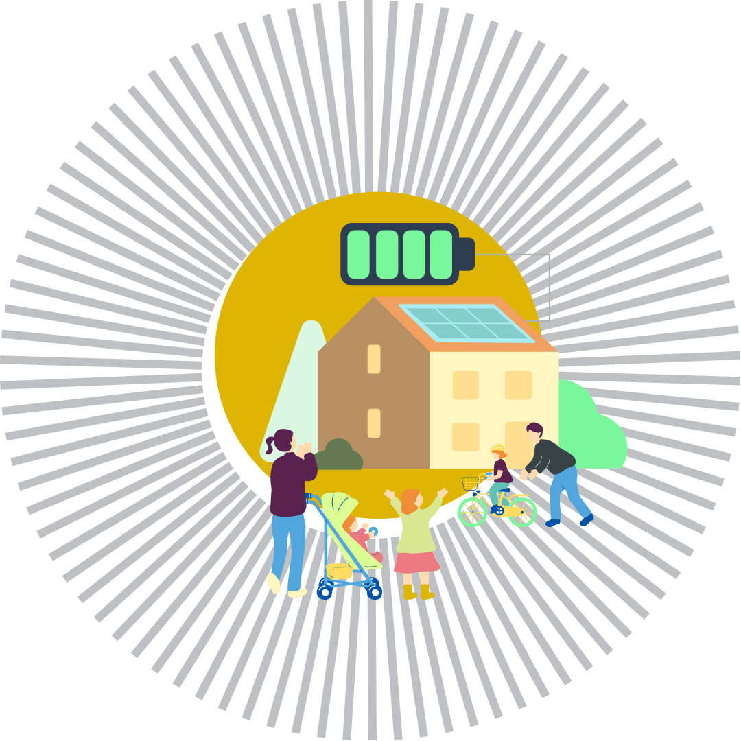 Illustration of a family having fun outside of their house, which has solar panels that are being charged by the sun.