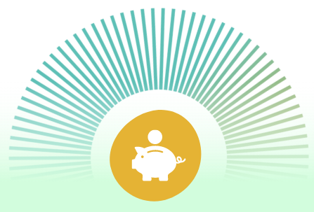 A white piggy bank icon with a coin above it, set within a gold circle, against a teal and green half-sunburst radiating background. A white piggy bank icon with a coin above it, set within a gold circle, against a teal and green half-sunburst radiating background.
