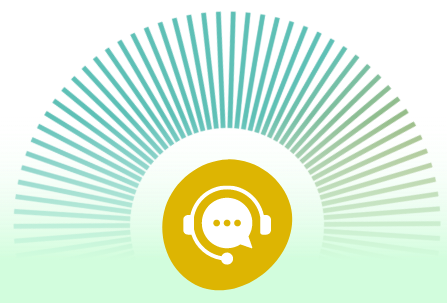 A white headset with a speech bubble icon set within a gold circle, against a teal and green half-sunburst radiating background on a light mint green backdrop. A white headset with a speech bubble icon set within a gold circle, against a teal and green half-sunburst radiating background on a light mint green backdrop.